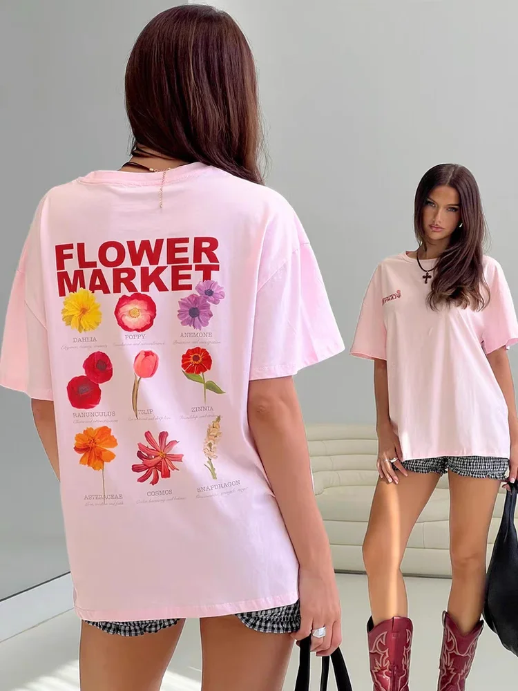 JHYF American Retro Hand-drawn Floral Print Loose Short-sleeved T-shirt Women's Fun Summer Casual Cotton round Neck Top