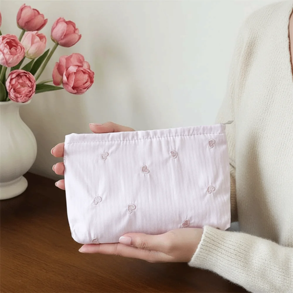 Classic Stripes Makeup Pouch Embroidered Pattern Soft Canvas Cosmetic Organizer Compact Size Pastel Colors Toiletry Bag