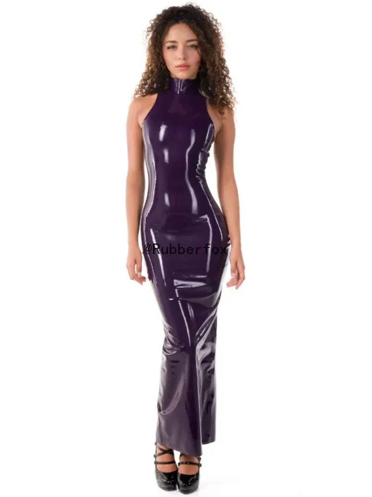 

Customized Female Purple Latex Maxi Dress High Neck Sleeveless Handmade Rubber Club Wear Cosplay