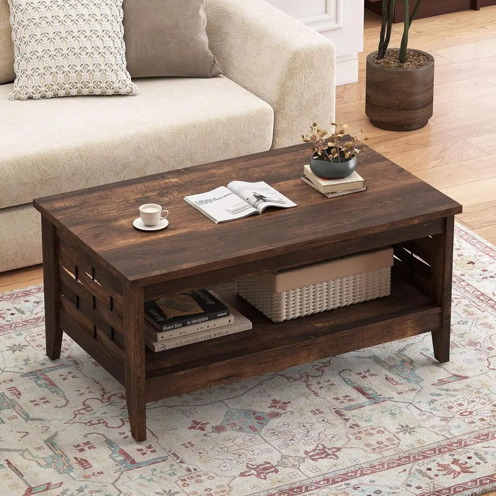 

armhouse Coee Table, 2-Tier Center Table with Storage Open Shel & Woven Slatted Design, 39.5" Recular Accent Cocktail Table, Woo