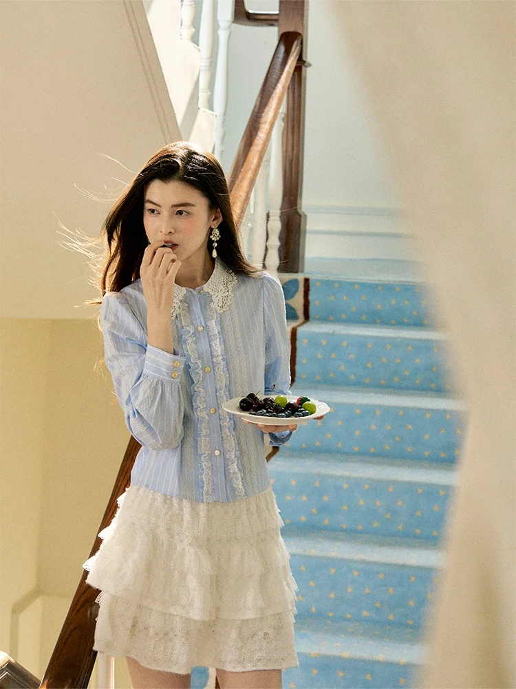 

Blue Striped Doll Collar Long Sve Women's irt Lace Design French Sle Loose Fit irt Girl's Faion Autumn Top