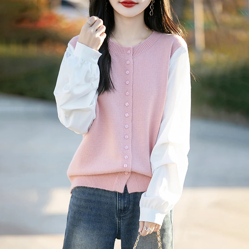 Spring Knitted O-neck Cardigan Sweater Women Spliced  Long Sleeve Tops Female Fashion Casual Basics Loose Sweater Open Stitch