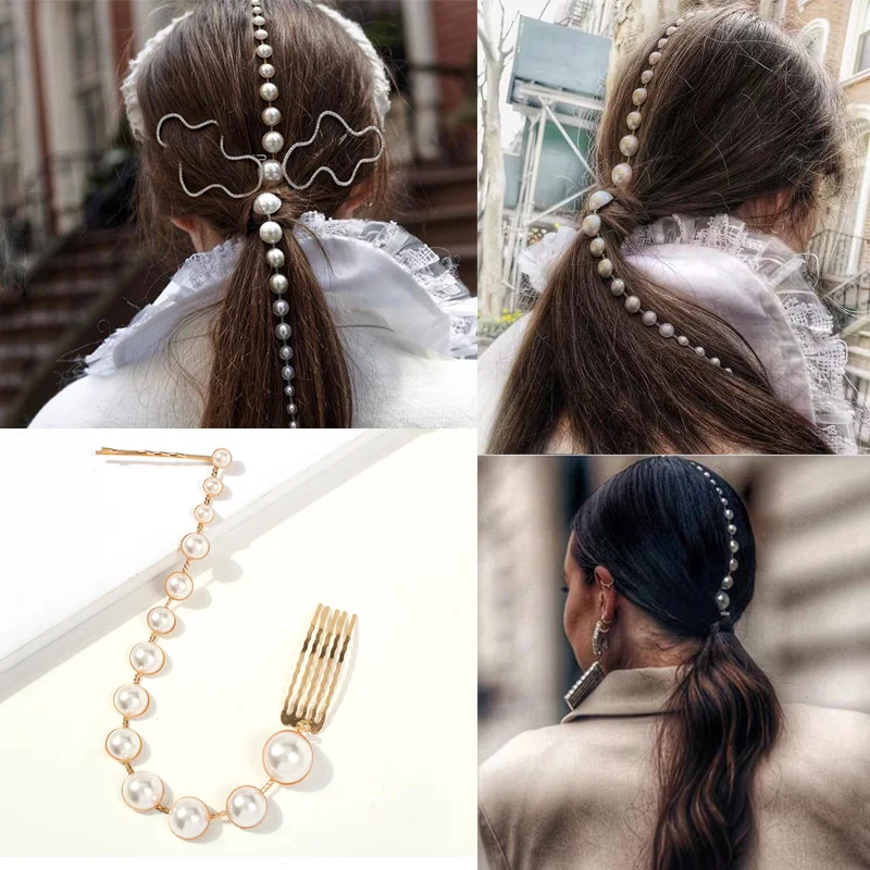 Personality Fashion Long Tassel Pearl Hair Clip Stick Beaded Barrettes Top Head Ponytail Hairpin Punk Hairgrips Accessories