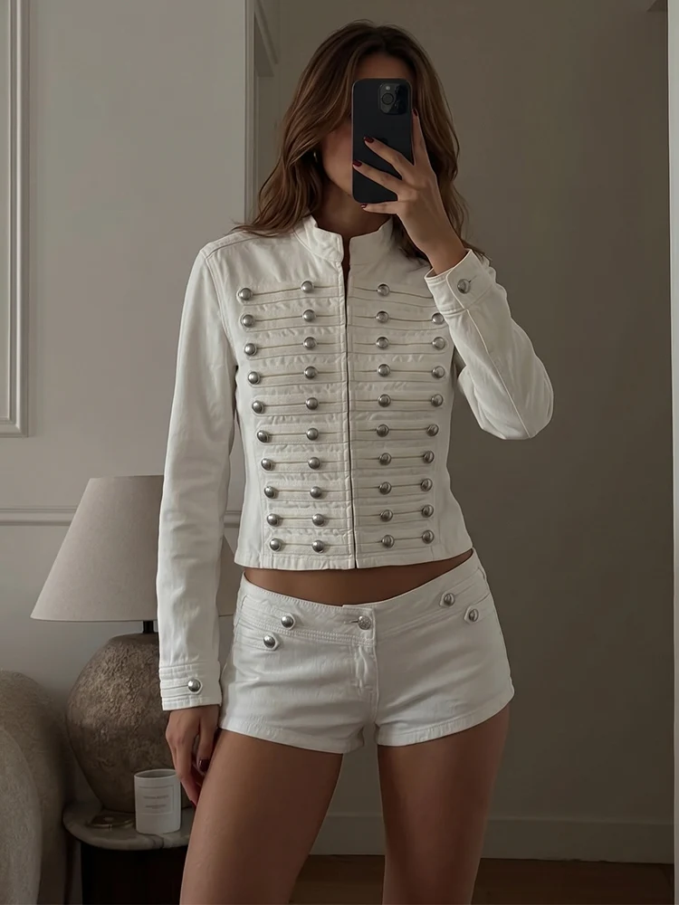 HH Vintage Women's Denim Jacket Shorts Set 2026 Fashion Cropped Military Style Jacket+Sexy Low Waist Shorts Streetwear Outfit