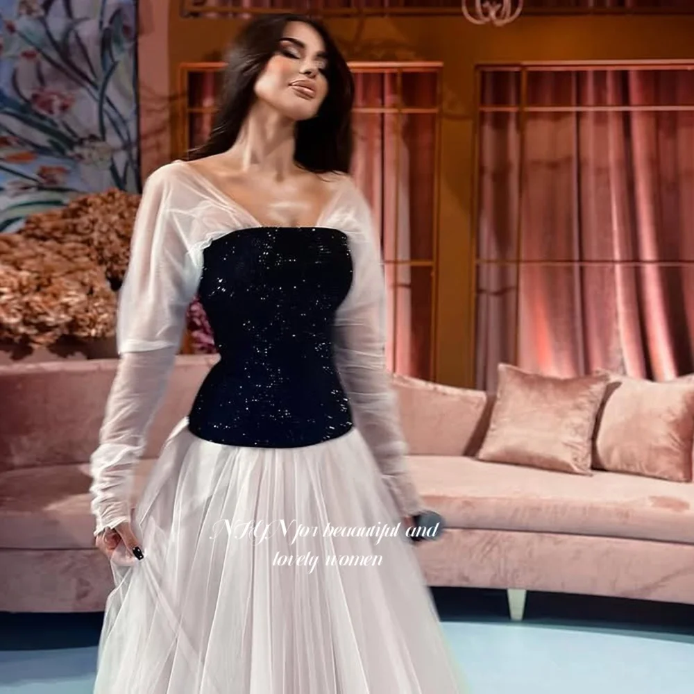 

NFYN Black Prom Gown Long Sleeve Prom Dresses Formal Evening Dresses with Pleats Corset Top Style for Arabic Women Customized