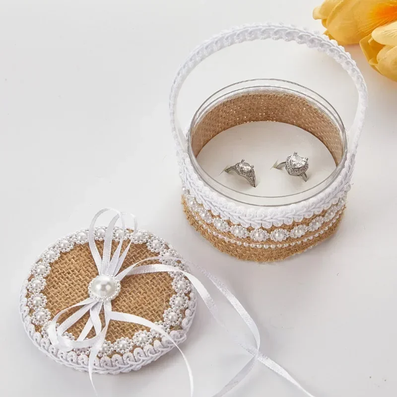 1pc Linen Ring Box Wedding Ring Holder Engagement Basket Gift Basket for Women Valentine Double Ring Basket