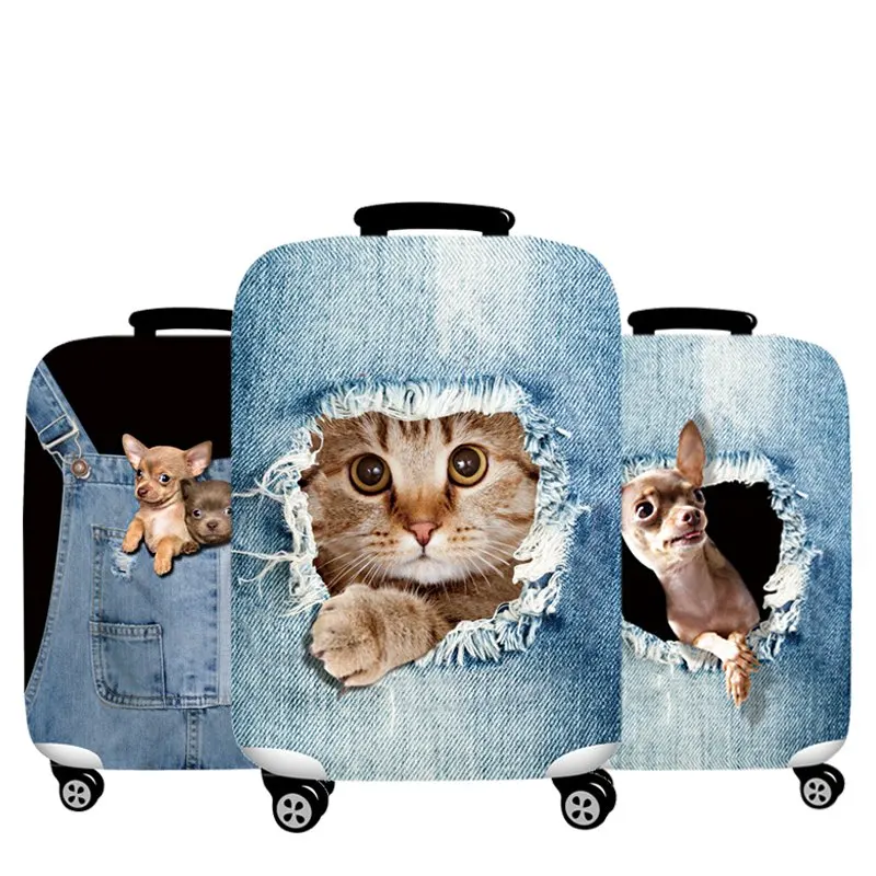 1 Pcs Thick Elastic Luggage Cover 3D Denim Animals Protector Fit 18-32 Suitcase Cute Cat Dog Styles Soft Travel Accessories