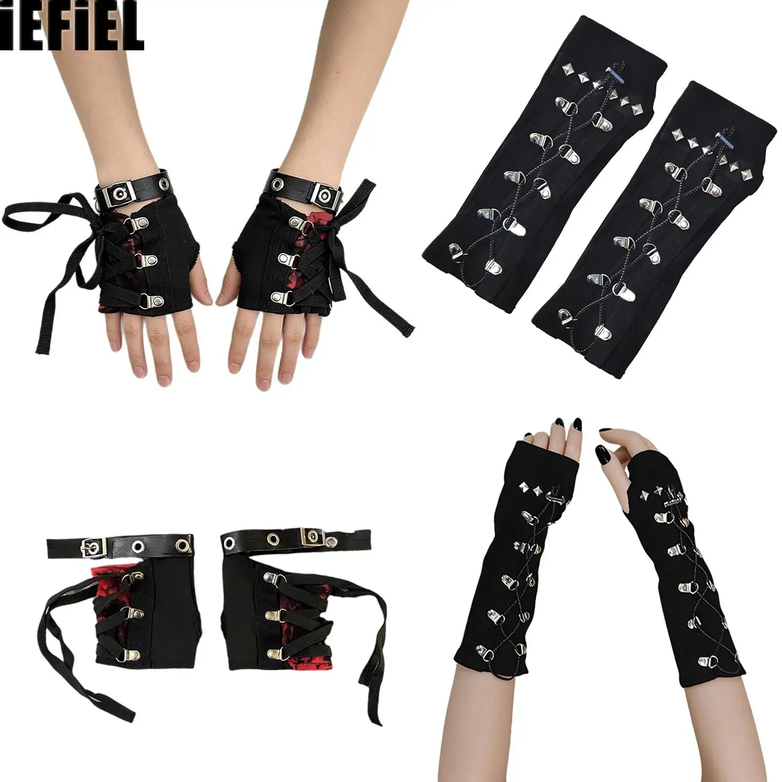 

Men Women Punk Lace-up Gloves Buckles Thumbholes Fingerless Wristband Sleeves for Hip Hop Halloween Carnivals Theme Party