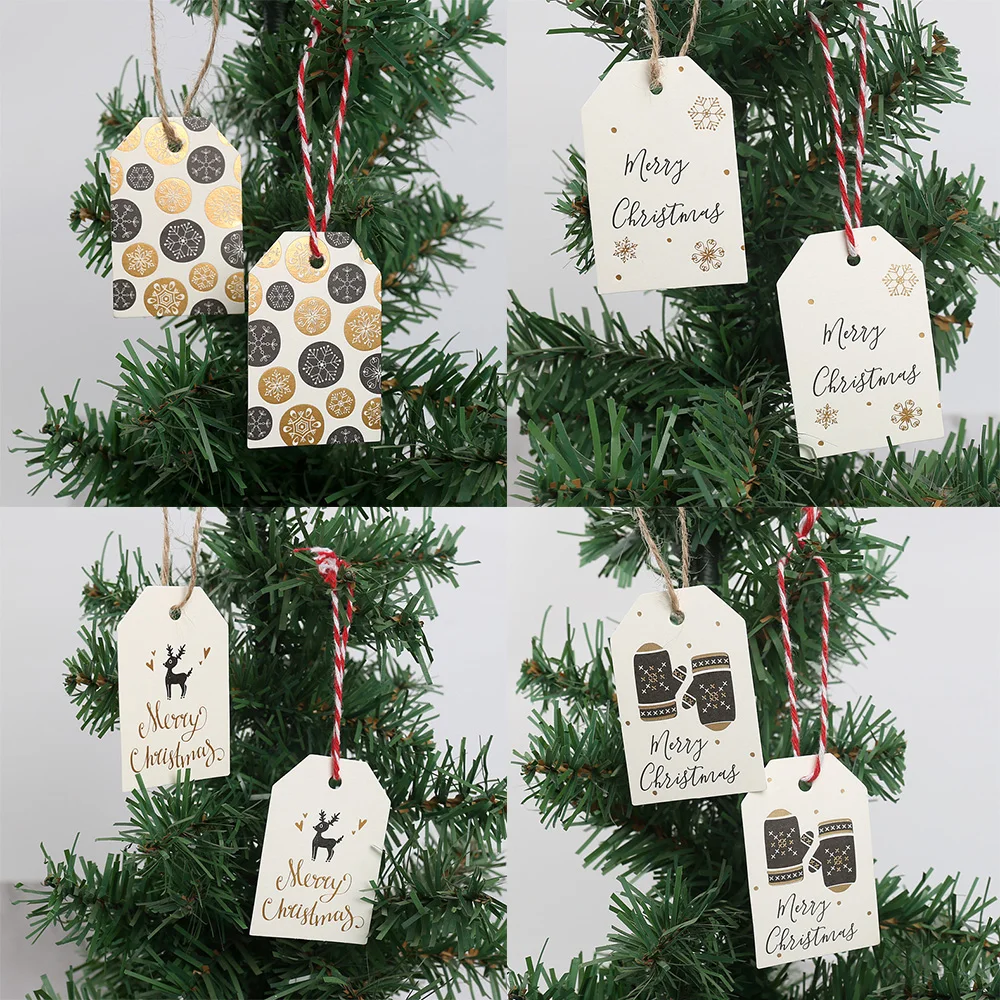 50pcs Christmas Gift Tags Paper Cards Snowflakes Xmas Tree Printed Hang Tag Christmas Ornament Party Supplies Decoration Noel