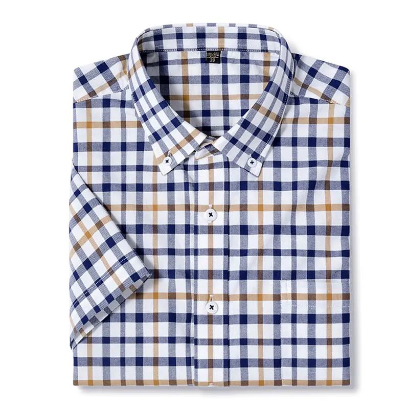 Summer new short sleeve 100% cotton plaid Oxford men\'s breathable business casual all-fit shirt free ironing high quality