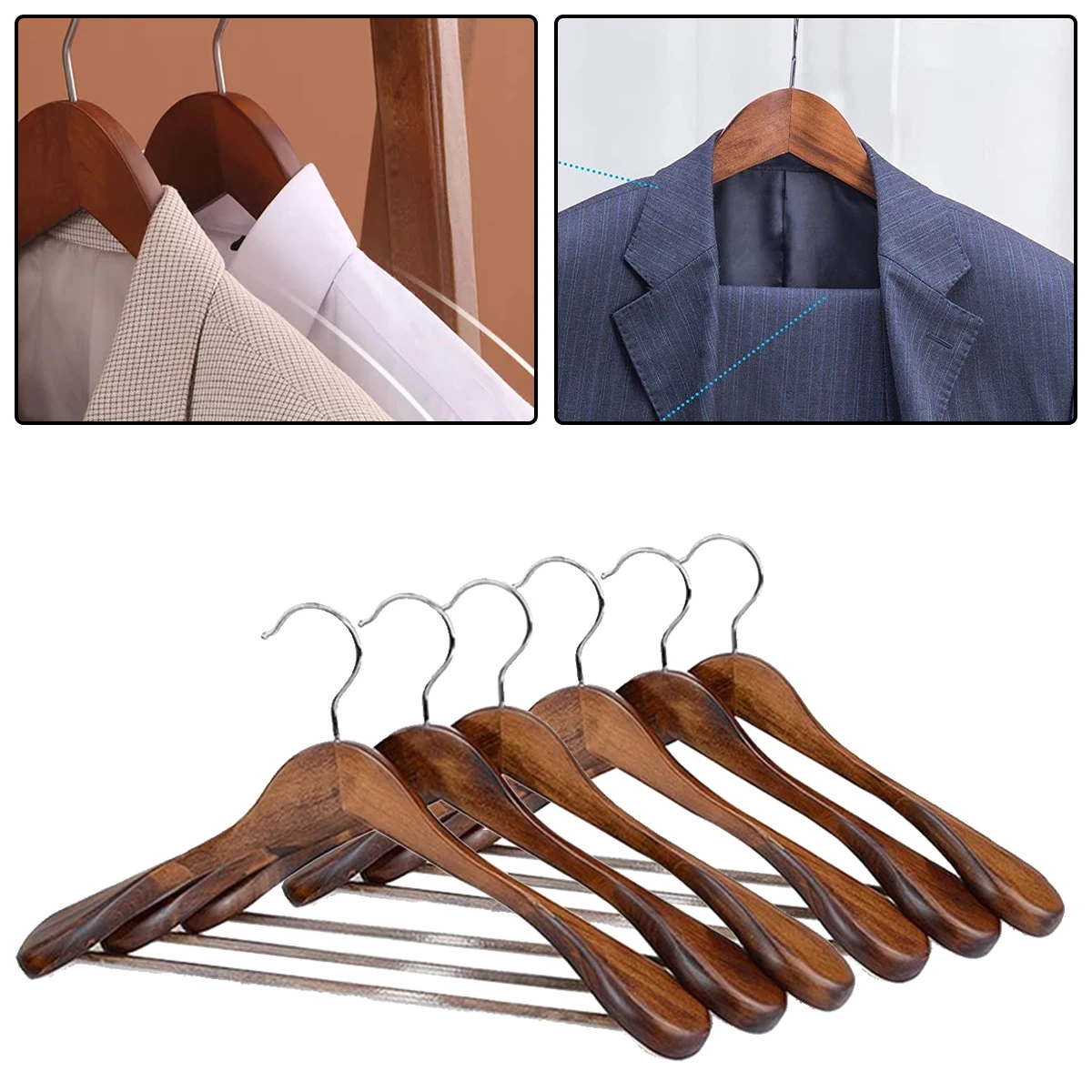 

6PC Non-slip Wood Clothes Hanger Wide Shoulder Flocking Rod Hanger Clothes Drying Rack Household Wardrobes Thick Clothes Support