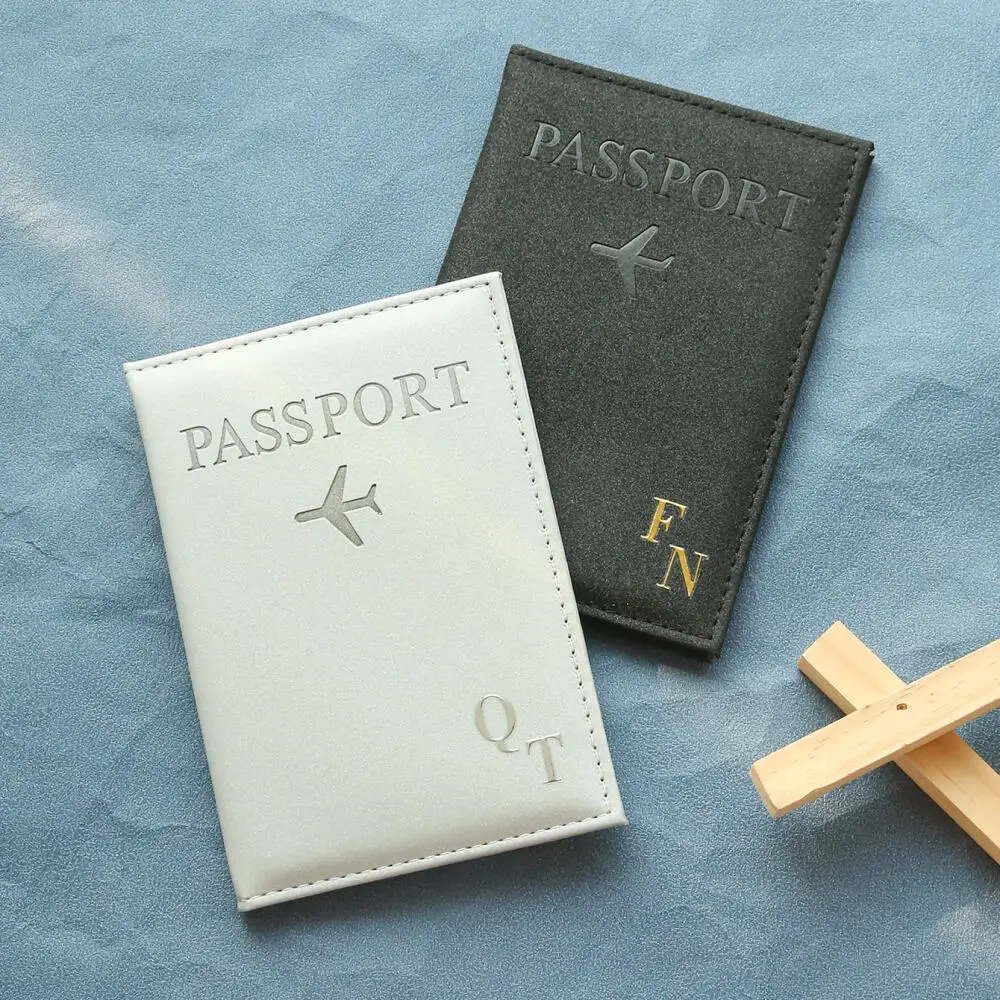 Personalized Custom Two Initials Hot Stamp Passport Cover Embossed Airplane Leather Travel Passport Holder Custom Gift
