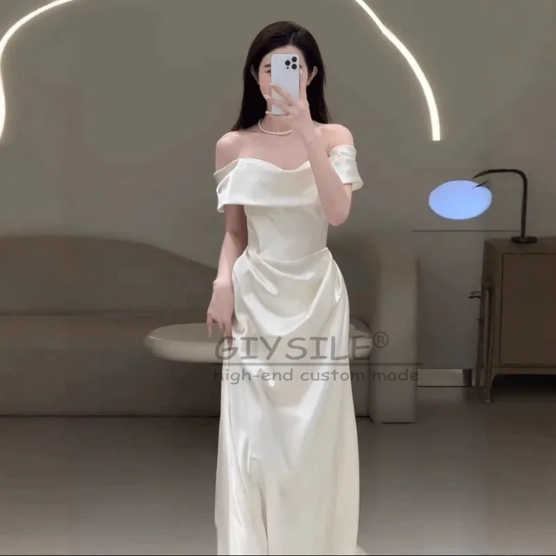 GIYSILEカスタムメイドホワイトウェディングドレス2025新作サテンライトワンショルダー、スモールファッションフィッシュテールテールイブニングドレス