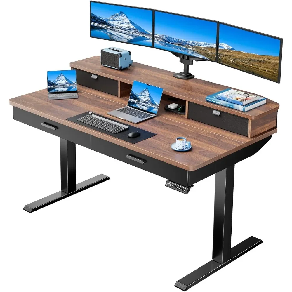 

55 x 30 inch Electric Standing Desk with Wood Drawers, Adjustable Height Sit Stand Home Office Desk with Two Tiers, Walnut