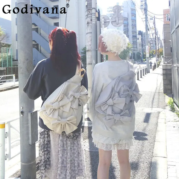 

Японская модная повседневная сумка-кроссбоди с объемным бантом, большая вместительная сумка через плечо для девочек, женская холщовая сумка