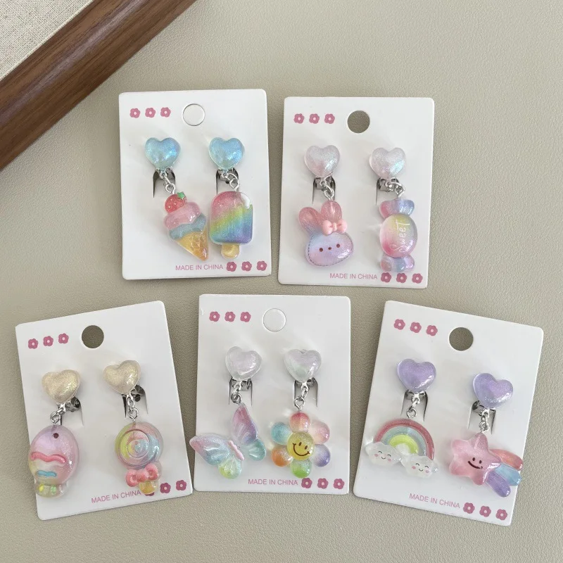Kinder-Ohrclip mit geleefarbenem Regenbogen-Blumen-Herz, süße Schönheit, Prinzessin ohne Ohrloch-Anhänger-Ohrringe