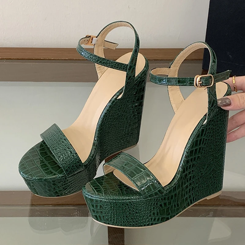 Liyke Green Snake Print Leather Wedge Sandals Women Summer Fashion Open Toe Platform High Heels Party Dress Shoes Zapatos Mujer