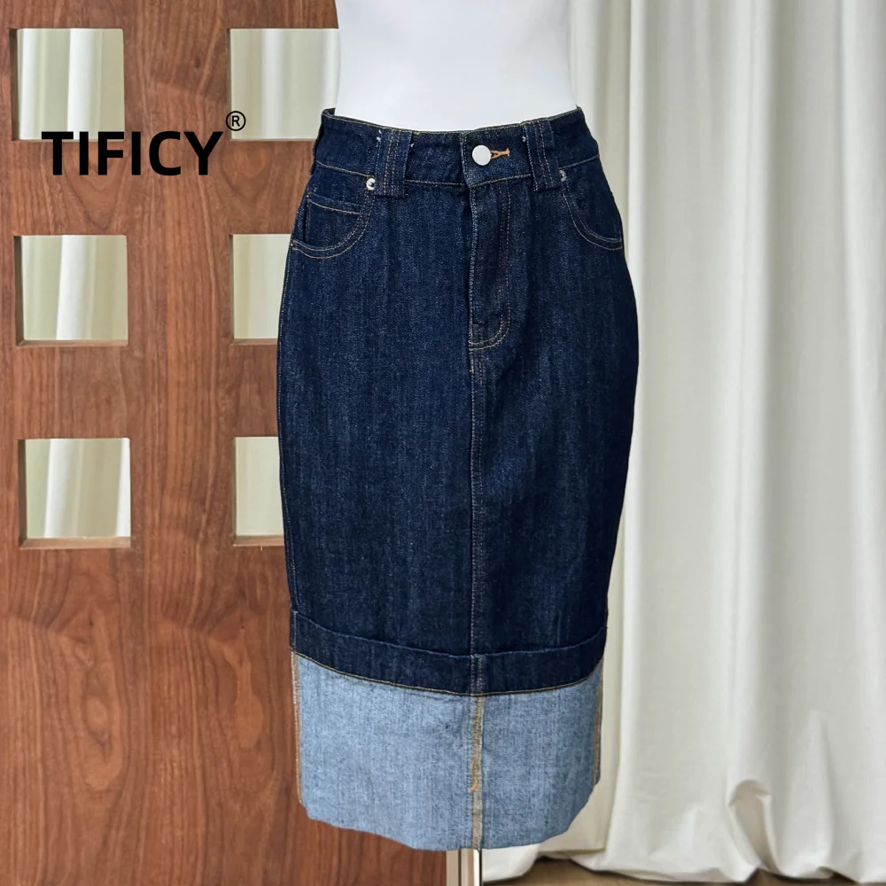 High Street Jean Skirts Women's Color Blocked Denim Front and Back Splicing Tube and Split Back Medium Length Half Skirt