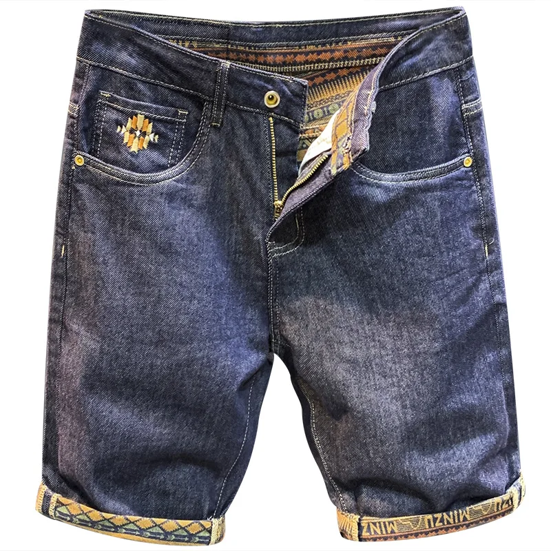 Retro Ethnic Print Fifth Jeans Men2024Summer New Trendy High-End and Fashionable Straight Short Pants Stretch Casual Shorts