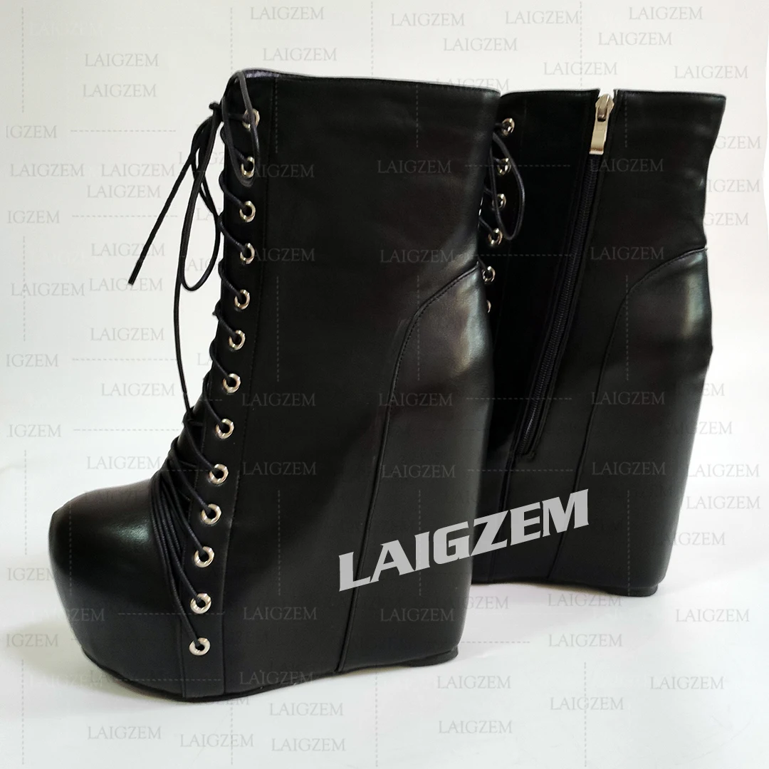ZHIMA Women Boots Platform Wedges Round Toe Side Zip Up Faux Leather High Heels Ladies Shoes Woman Sandals Big Size 39 43 48 52