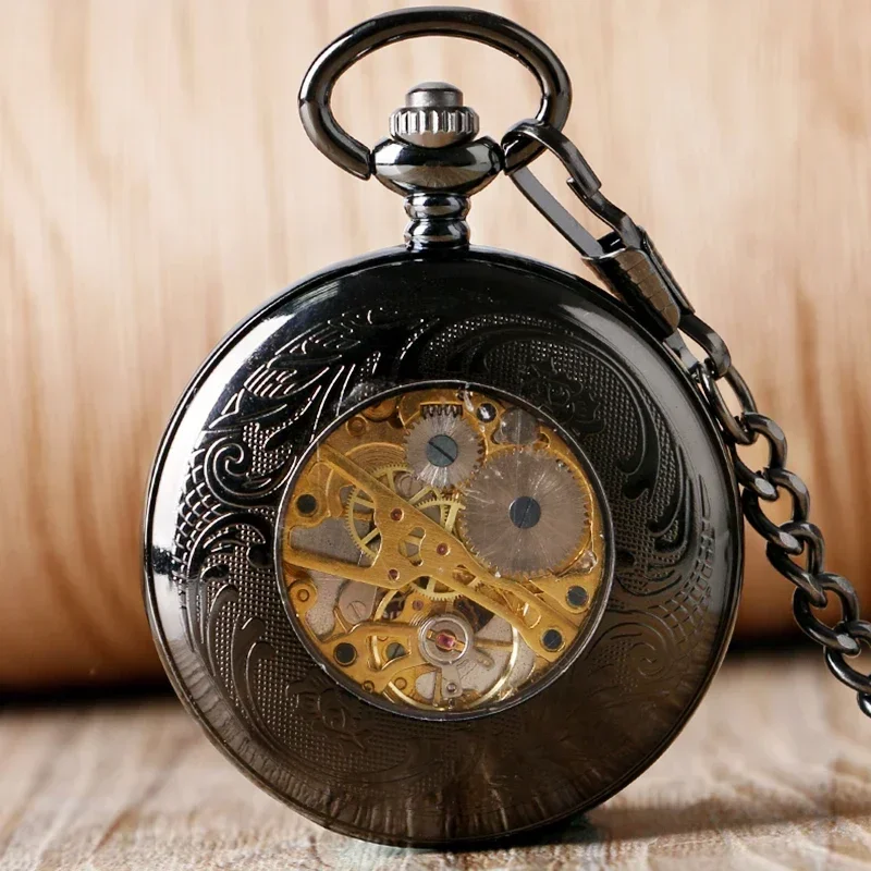 Vintage Pocket Watch Supernatural Pentagram Crown Pattern Dial Steampunk Hand-winding Mechanical Clock for Men Women FOB Chain