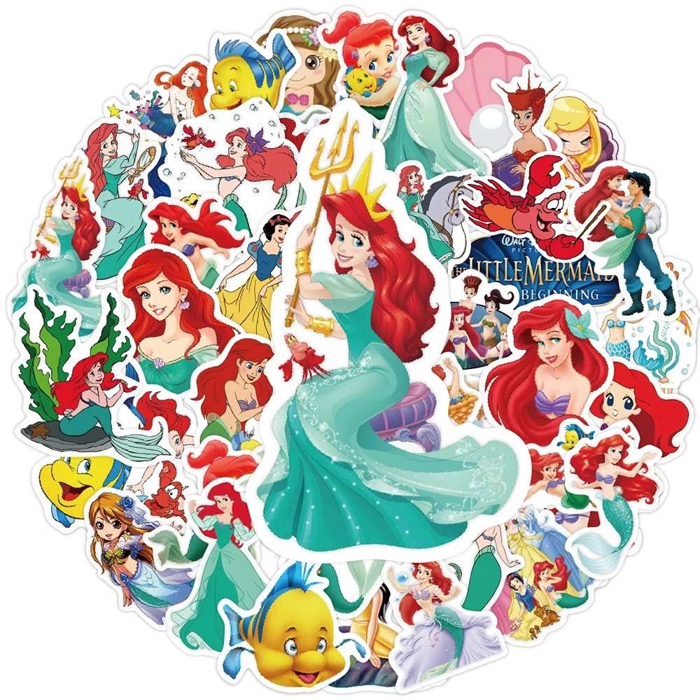 Pegatinas de dibujos animados de Disney para niños, calcomanías de dibujos animados de La Sirenita, princesa Ariel, para ordenador portátil, teléfono, equipaje, grafiti, 10/30/50 piezas