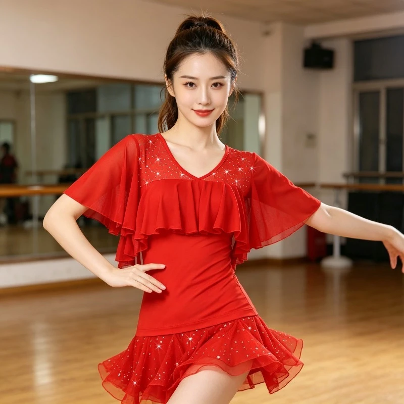

Women Latin Dance Top Mesh Ruffle Leaf Edge National Standard Ballroom Black Performance Top Line Dance Clothing Women Zym