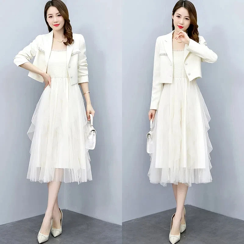 

White Lady Diamond-studded jacket suit Dress Women's Two-Piece Dress 2023 Spring Autumn Slim Sling Gauze Dress long Dress Elegan