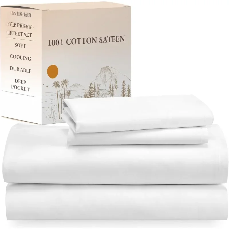 Soft 100 Cotton Full Bed Sheet Set, 4 pack Sateen Weave Cooling Sheets with Deep Pockets (White)