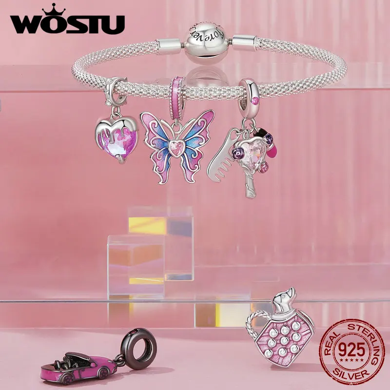 WOSTU 925 Sterling Silver Pet Dog Beads Car Charms Rainbow Crystal Pendant Fit DIY Necklace Bracelet Fashion Girl Jewelry Making