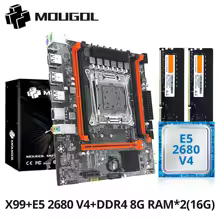 Visão geral do kit Mougol X99 com componentes de hardware incluindo placa-mãe, processador E5 2680 V4 e memórias RAM