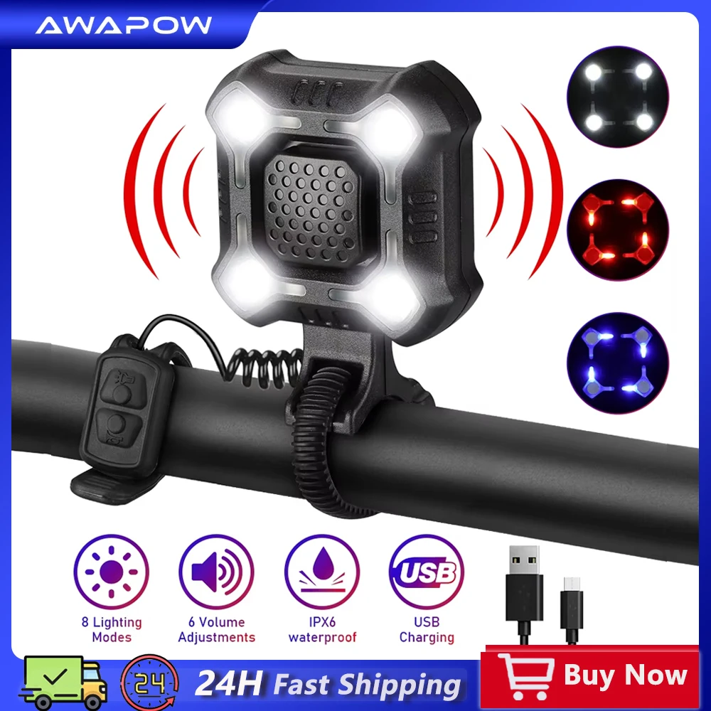 Awapow 2 in 1Bicycle Light Cycling Headlight Waterproof USB Charging Bike Horn 140dB 6 Volume Loud Alarm Security 8 Modes Bell