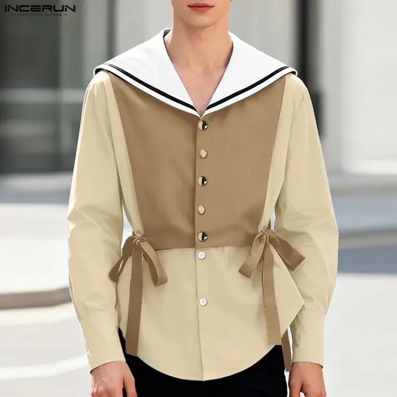 

INCERUN Men Shirt Patchwork Color-block Navy Collar Long Sleeve Men Clothing Spring Streetwear Korean Style Fashion Casual Tops
