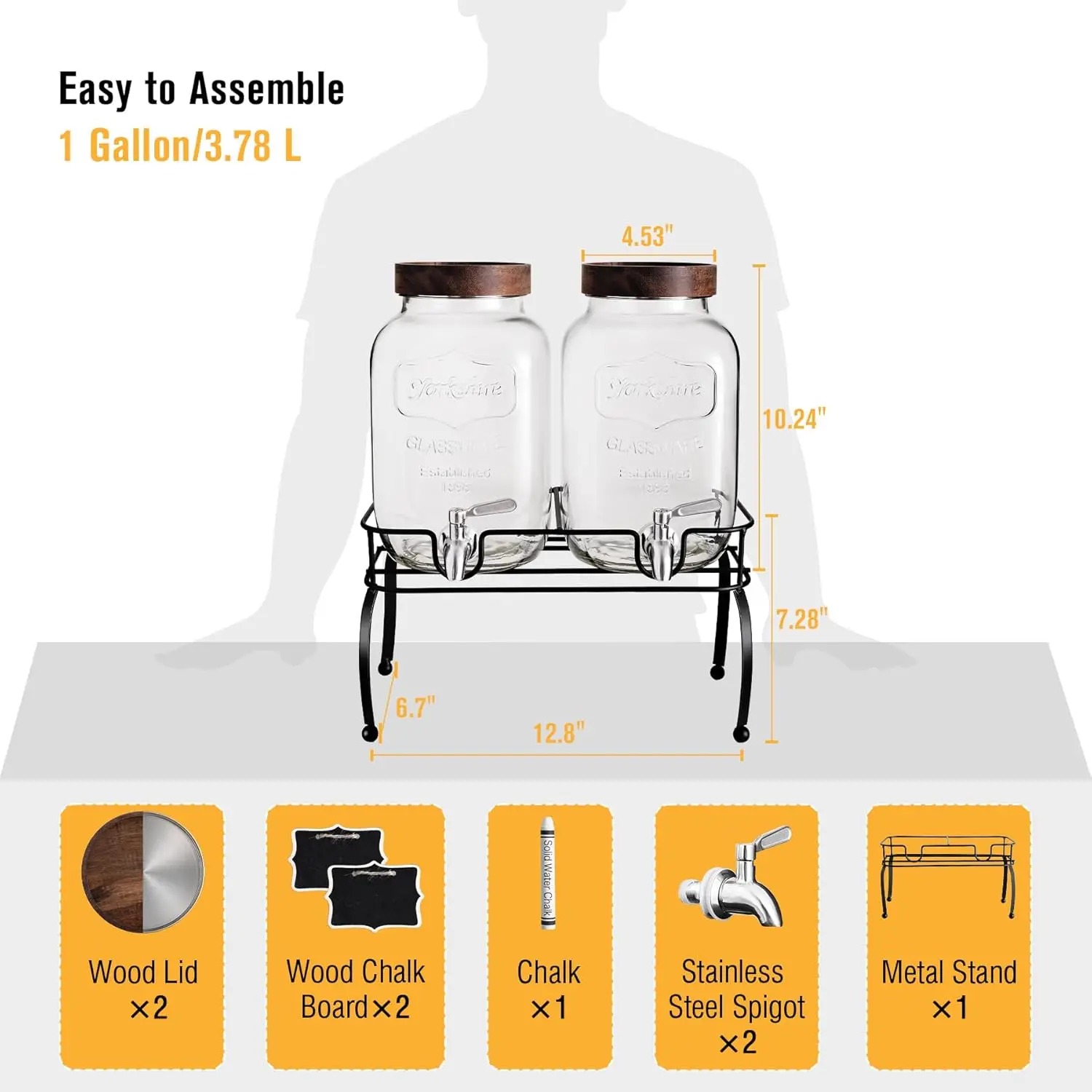 

Glass Drink Dispenser for Parties, 1 Gallon Beverage Dispenser with Stand and Spigot Solid Stainless Steel, Set of 2