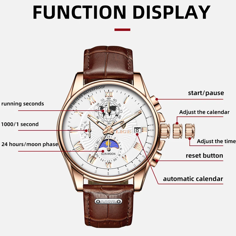 LIGE Men Quartz Wristwatch Gentleman Business Men Watches Leather Strap Watch for Men Luminous Chronograph Date 24 Hours Clock