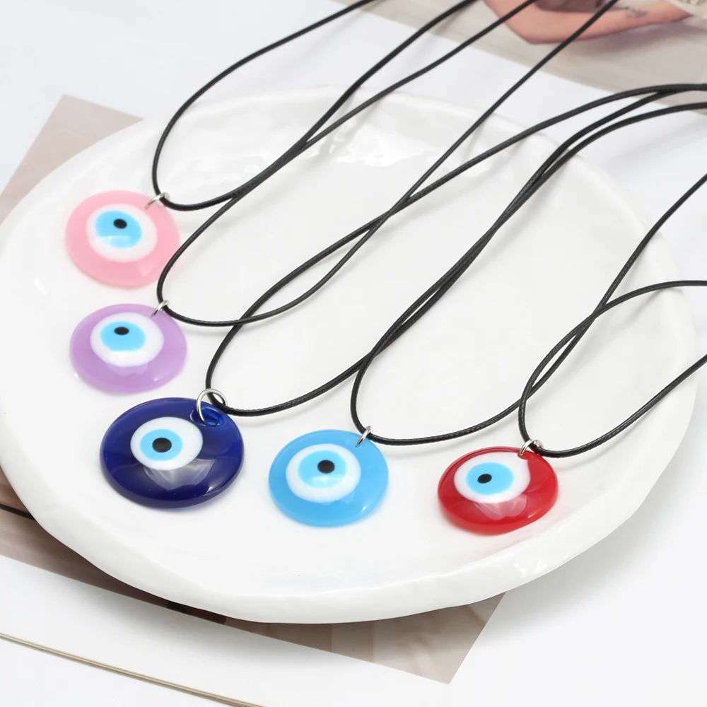 Lucky Eye Plastic Round Pendant Necklace Leather Rope Chain Turkish Evil Eye Necklace for Women Men Jewelry collar collier שרשרת