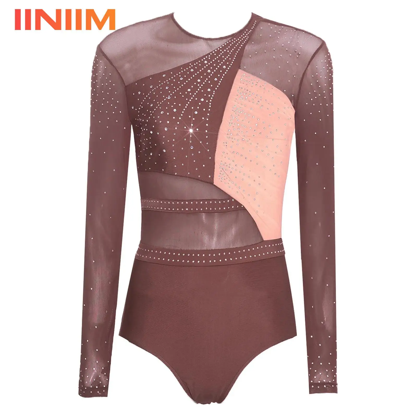 

Womens Shiny Rhinestones Gymnastics Figure Skating Ballet Jersey Dance Costume Sheer Mesh Rhinestone Bodysuit Performance Wear