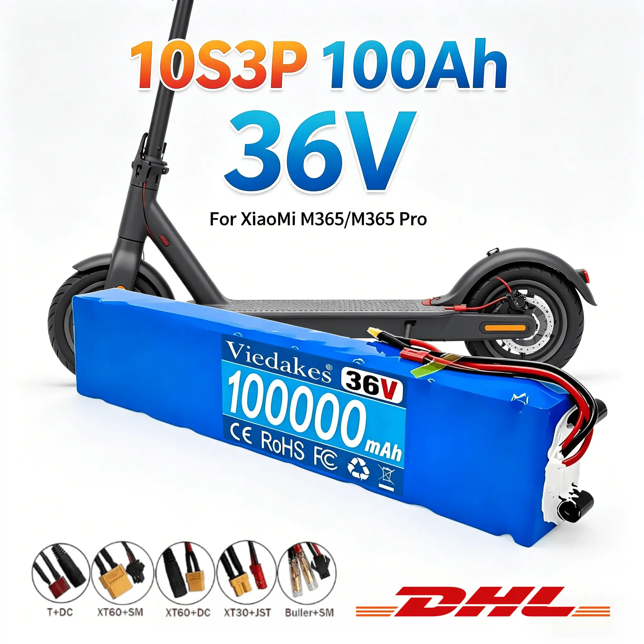 Batería de repuesto de 36V 100Ah 10S3P para XiaoMi M365/M365 Pro con todos los conectores (T+DC/XT60/XT30/Buller) Entrega rápida