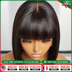 Perucas de cabelo humano retas com franja, Franja Parte Média Bob Lace Wigs, Realistic Scalp Brasileiro