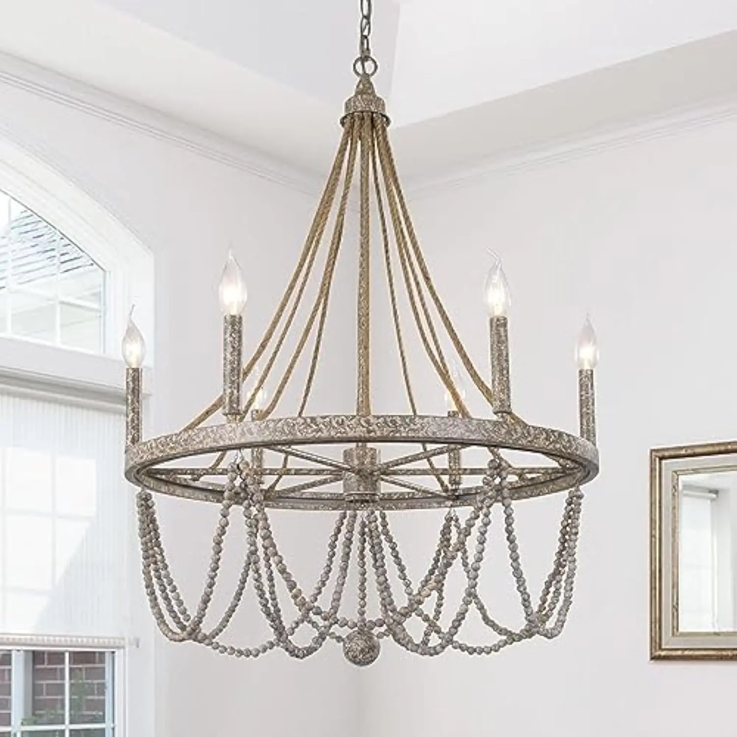 

Wood Beaded Chandelier, 6-Light Boho Dining Room Chandelier Light Fixture with Hemp Ropes,Farmhouse Rustic Chandeliers for Dini
