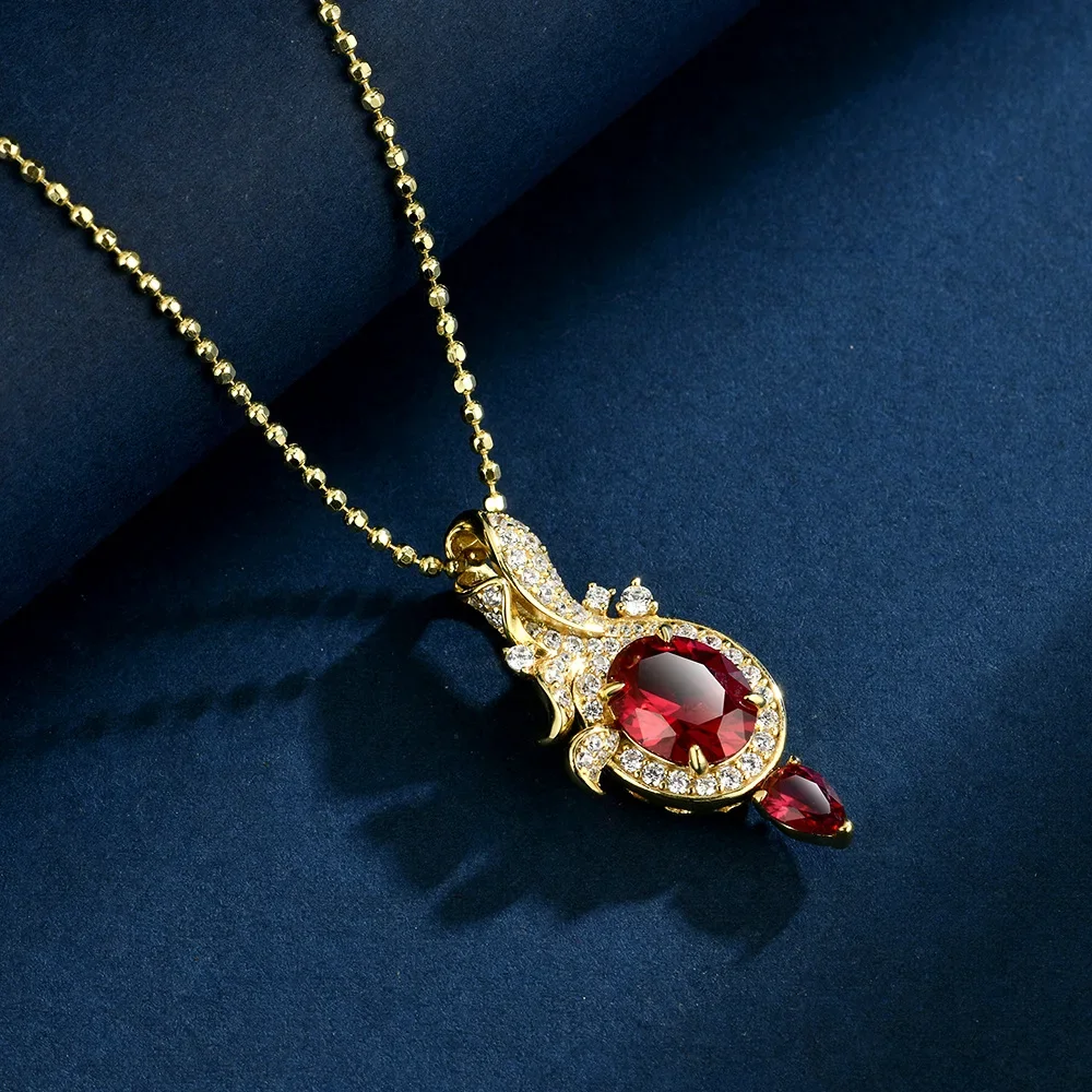

New S925 pure silver inlaid 4-carat 8 * 10 cultivated red treasure antique luxury niche single pendant jewelry