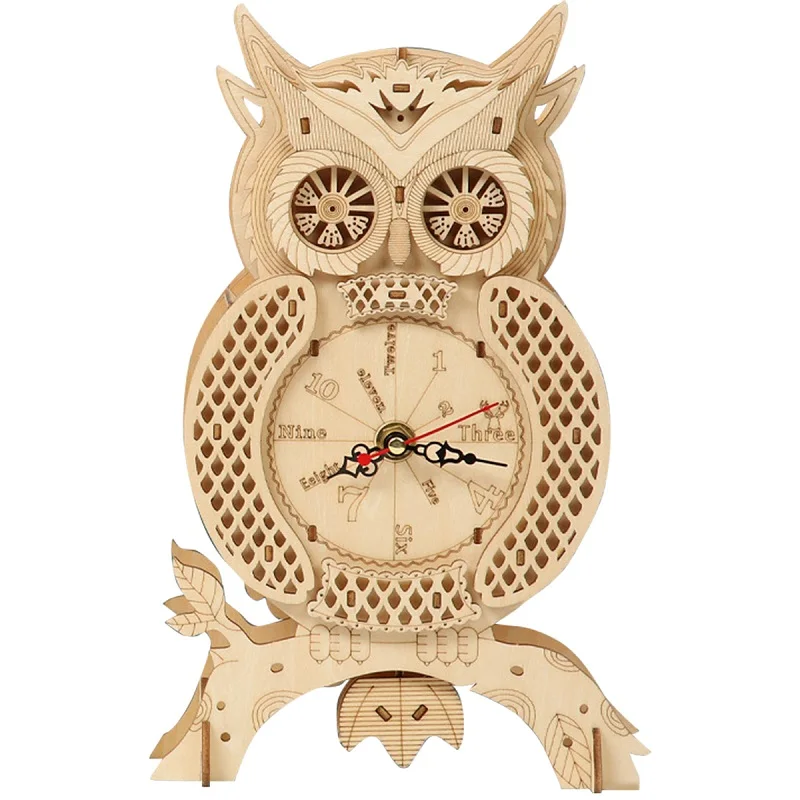 3D Owl Clock Wooden Puzzle Retro Model Building Block Kits Creative DIY Wall Pendulum Assembly Decoration Toys Children Adult