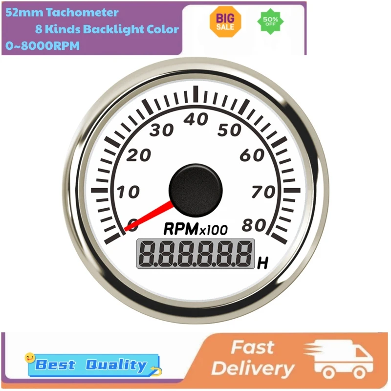

52mm Rev Counters Modification 0-8000RPM Tachometers with Hourmeters Revolution Meters RPM 8 Kinds Backlight Color for Auto Boat