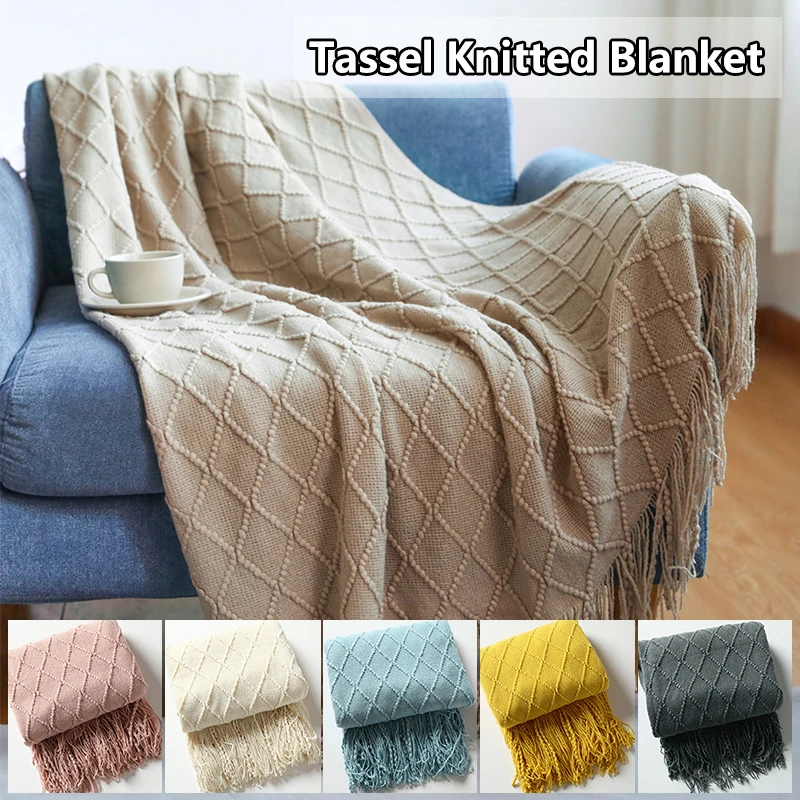 

Knitted Blanket with Tassel Sofa Bed Cover Nordic Blanket Super Soft Solid Warm Large Size Blanket For Nap Travel Home Room