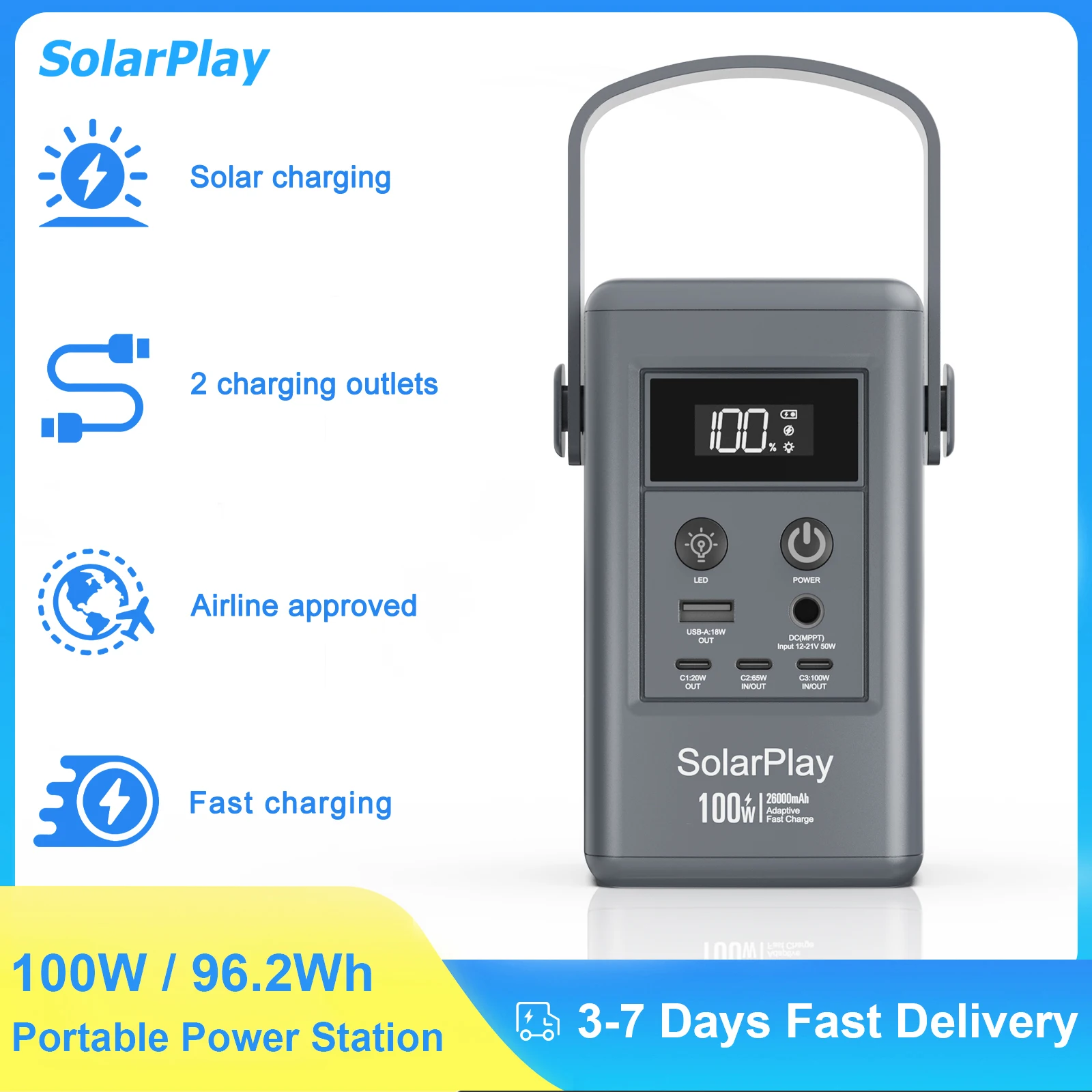 

SolarPlay 100W 96.2Wh Portable Power Station Energy Storage Supply Q100 Generator Power Bank Outdoor Fast Charging for Camping