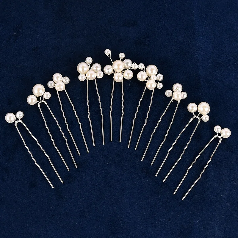 9pcs Pearl U-shaped Hairpin Bride Wedding Hair Accessories Handmade Alloy Tiara Fashion Noiva Beauty Hair Clip Jewelry For Women