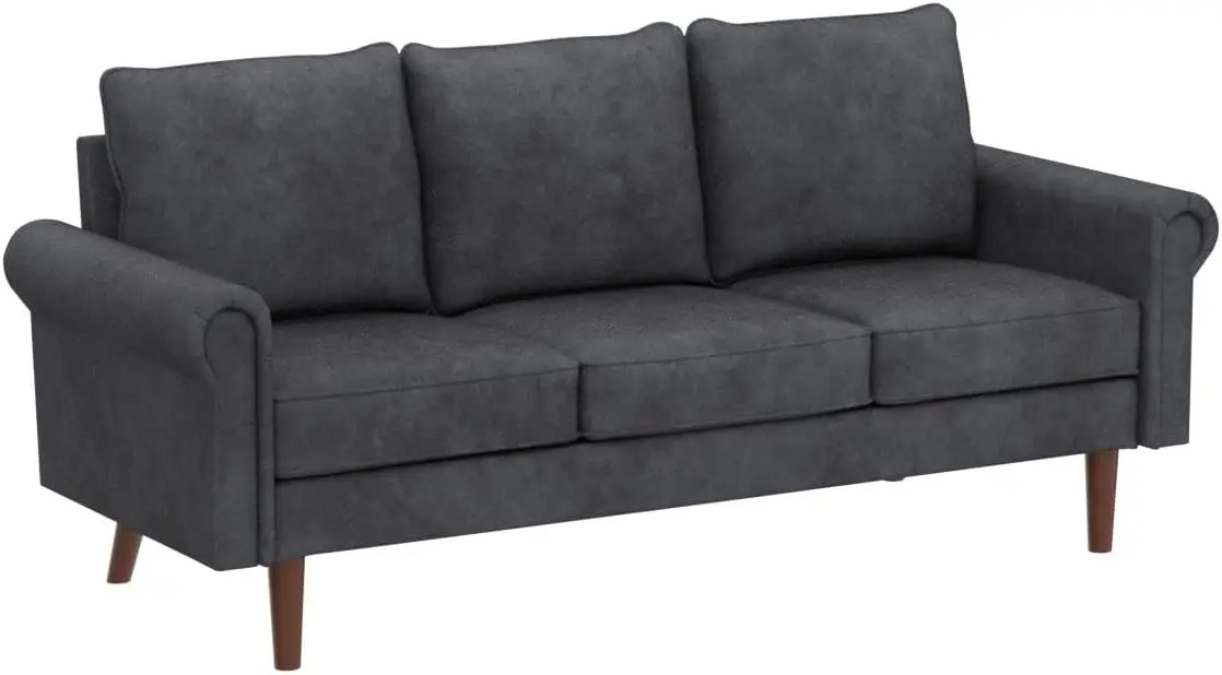 

Mid-Century Modern Sofa 3-Seat Couch with Rolled Arm and Wood Grain Legs for Living Room,74" W Grey