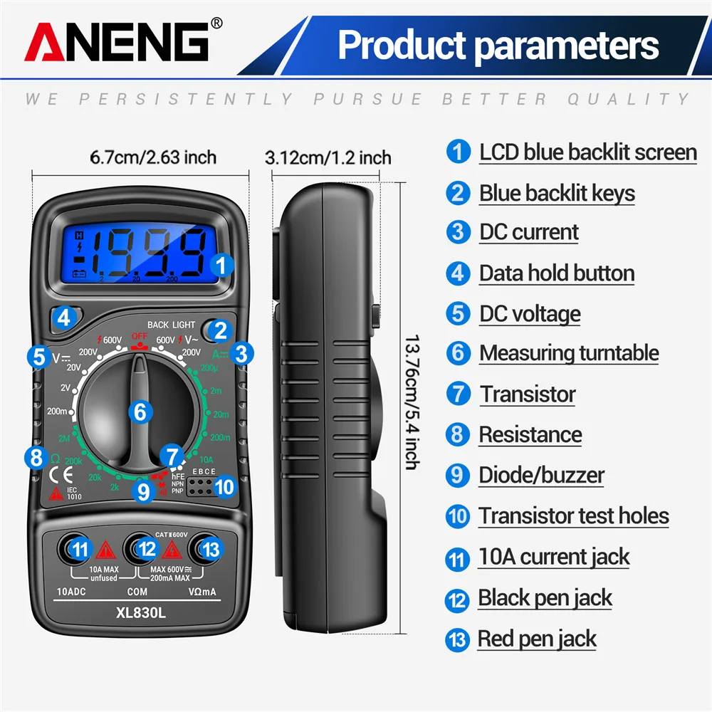 Multímetro digital aneng xl830l automotivo elétrico esr medidor testadoresdmm transistor pico tester medidor de capacitância ferramentas