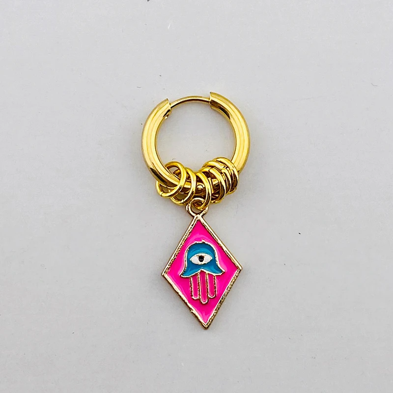 1PC Irregular Square Evil Eye Fatima Hand Stainless Steel Earrings For Women Colorful Enamel Turkish Eye Pendant Hoop Earrings J