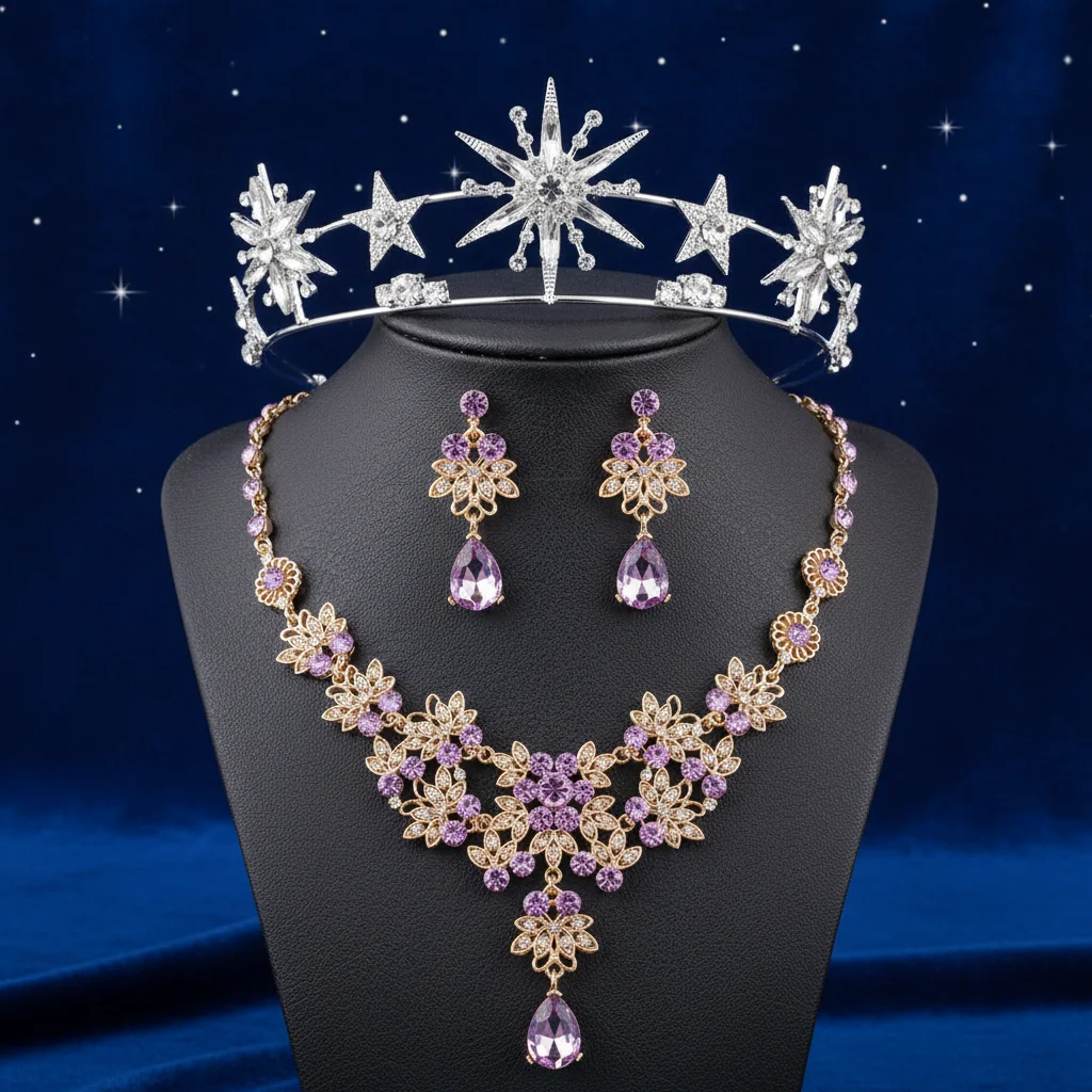 Crown Necklace Earring Set Rhinestone Star Design Alloy Jewelry for Women Evening Wear